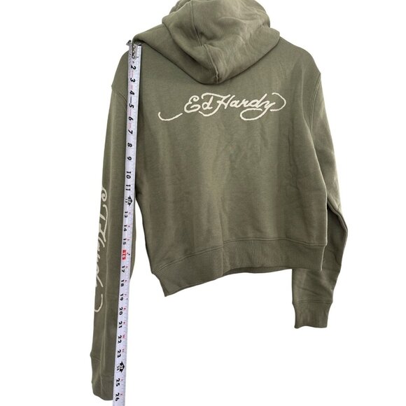 Ed Hardy Womens Olive Green Hoodie Love Kills Slowly Graphic Medium Cotton Blend - Picture 7 of 7
